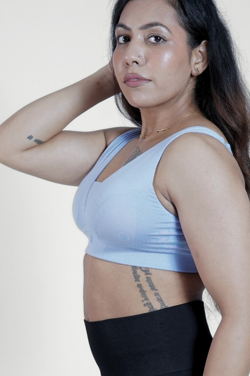 M-Blue Bra support; wide straps and supportive underband ease pressure on the shoulders.