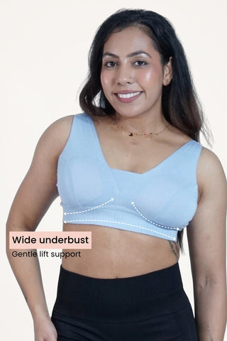 M-Blue Fixed Padded Bra; fixed cups eliminate pad movement and provide smooth silhouette.