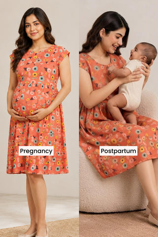 Red Floral Printed Maternity Zipless Feeding Dress
