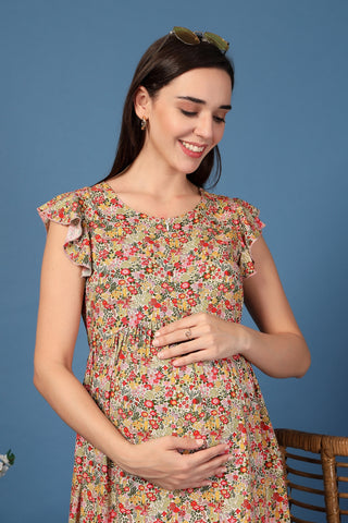 Stylish Yellow Maternity Wear - Ditsy Yellow Floral Bloom Zip Feeding Dress for New Moms