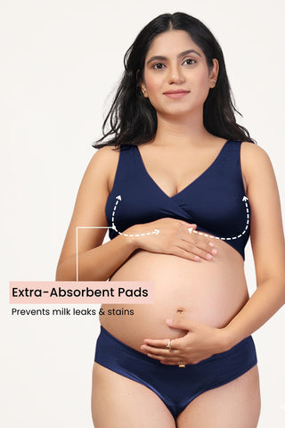 Navy Maternity Bra; scoop neck design supports easy fold-down access for feeding.