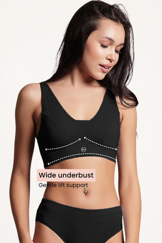 Close-up of Black Bra fabric texture; breathable modal fabric keeps skin cool for day wear.