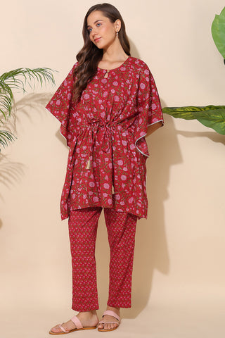 Red Floral Printed Maternity Kaftan Set (Top & Bottom)