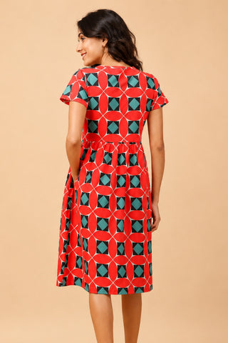 Red Printed Maternity Zipless Feeding Dress