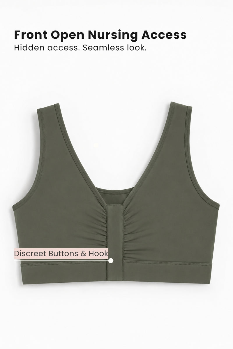 Ruched Invisible Button Nursing Bra - Sage Green