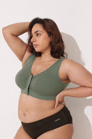 Ruched Invisible Button Nursing Bra - Sage Green
