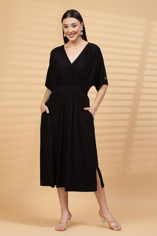 Black Solid Smocked Waist Zipless Feeding Dress