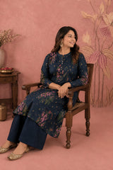 Zipless Feeding Cotton Maternity Kurta-Pant Set - Navy Blue