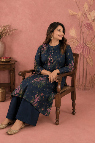 Zipless Feeding Cotton Maternity Kurta-Pant Set - Navy Blue
