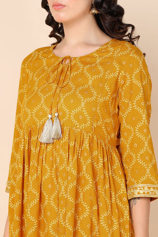 Mustard Yellow Maternity Dress with Pocket and Tassel Neckline