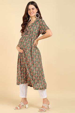 Green All Over Printed Zipless Feeding Kurti