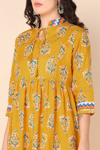 Yellow Chinese Collar Leaf Print Maternity Dress with Pocket