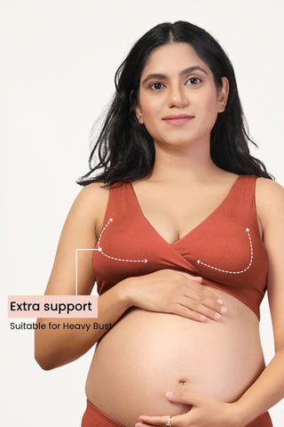 Rust Maternity Bra; overlap closure offers fast, silent access for night feeds.