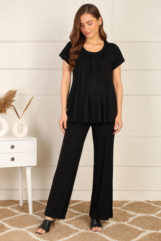 Zipless Front-Pleated Top & Maternity Pajama Set in Black, full-length front view: front-pleated top with wide-leg pajama