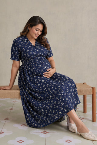 Floral Printed Zipless Feeding Dress - Dusty Blue