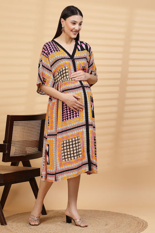 Orange All Over Printed 100% Rayon Zipless Maternity Dress