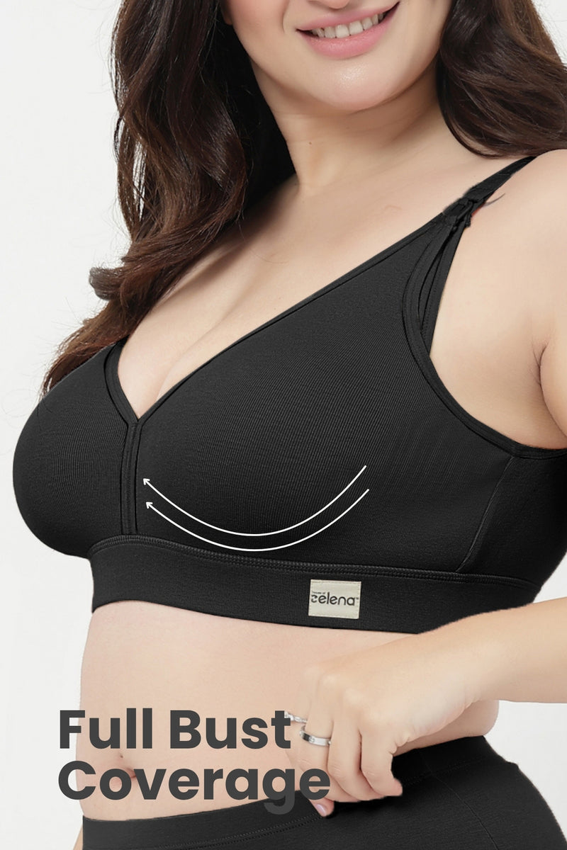 Lira Ribbed Cotton Nursing Padded Bra - Black