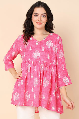 Rose Pink Printed Rayon Maternity Short Top with 3/4th Sleeves