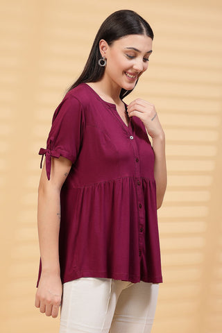 Burgundy Solid Button Top For Zipless Feeding