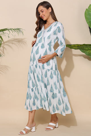 White Printed 100% Soft Cotton Maternity Feeding Dress