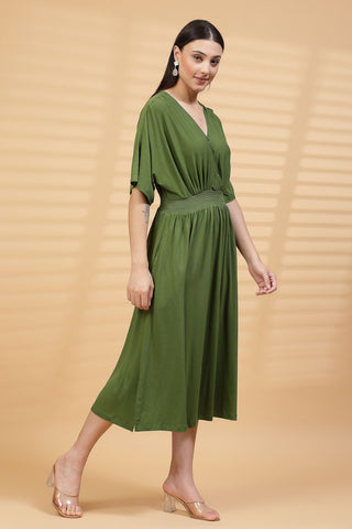 Green Solid Smocked Waist Zipless Feeding Dress