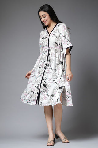 White All Over Printed 100% Rayon Zipless Maternity Dress