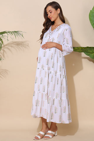 White Floral Printed 100% Soft Cotton Maternity Feeding Dress