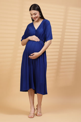 Blue Solid Smocked Waist Zipless Feeding Dress