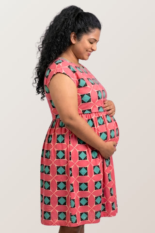 Red Geometric Print Maternity Zipless Feeding Dress