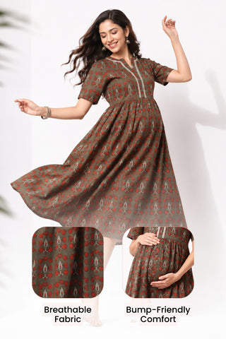 Mehr – The Festive Zipless Feeding Lapel Dress- Bottle Green