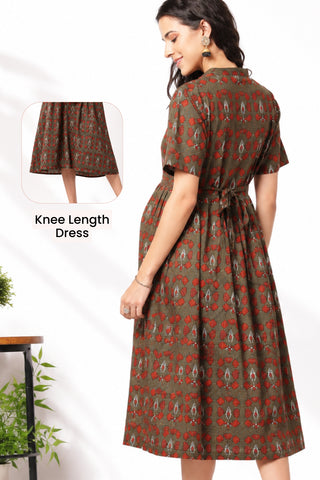 Mehr – The Festive Zipless Feeding Lapel Dress- Bottle Green