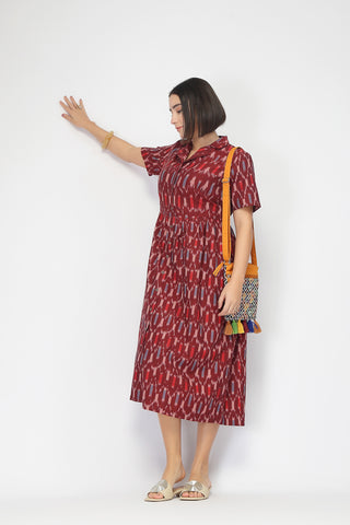 Ikat Zipless Feeding Lapel Dress - Maroon