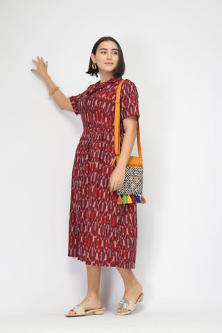 Ikat Zipless Feeding Lapel Dress - Maroon