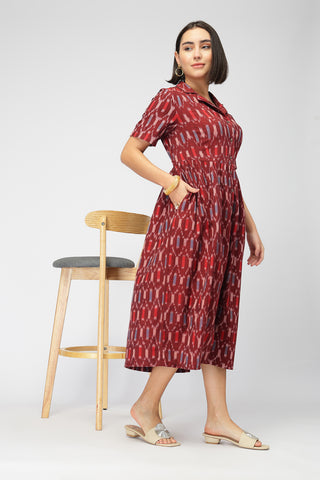 Ikat Zipless Feeding Lapel Dress - Maroon