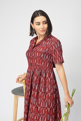 Ikat Zipless Feeding Lapel Dress - Maroon