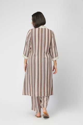 Maternity Zipless Feeding Striped Kurta Set -Coffee Brown
