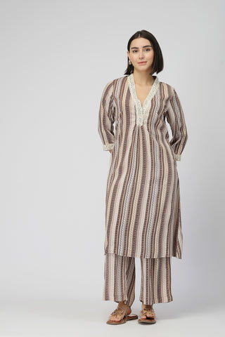 Maternity Zipless Feeding Striped Kurta Set -Coffee Brown