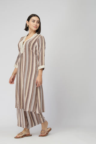 Maternity Zipless Feeding Striped Kurta Set -Coffee Brown