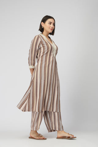 Maternity Zipless Feeding Striped Kurta Set -Coffee Brown