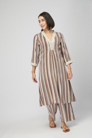 Maternity Zipless Feeding Striped Kurta Set -Coffee Brown