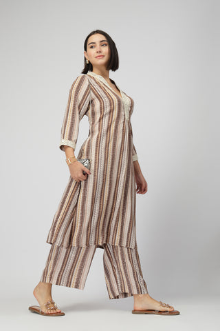 Maternity Zipless Feeding Striped Kurta Set -Coffee Brown