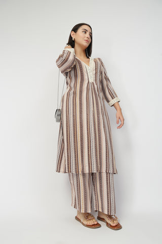 Maternity Zipless Feeding Striped Kurta Set -Coffee Brown