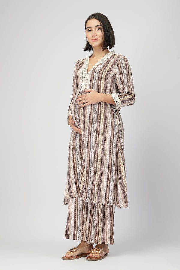 Maternity Zipless Feeding Striped Kurta Set -Coffee Brown