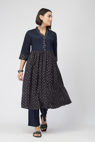 Maternity Zipless Feeding Kurta Set  -Navy Blue