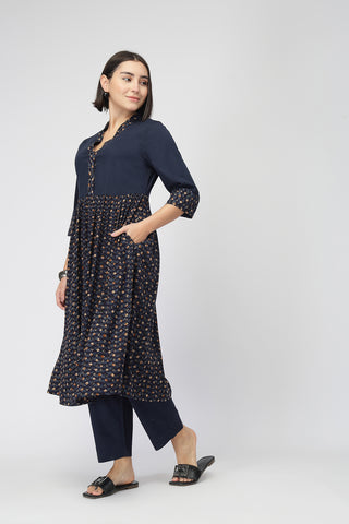 Maternity Zipless Feeding Kurta Set  -Navy Blue