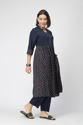 Maternity Zipless Feeding Kurta Set  -Navy Blue