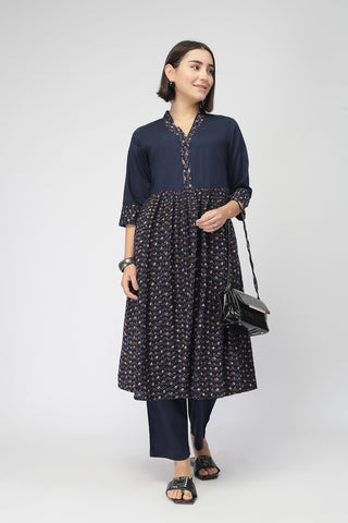 Maternity Zipless Feeding Kurta Set  -Navy Blue