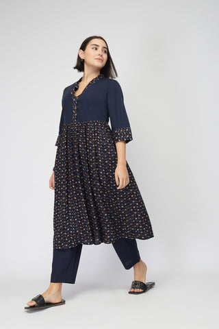 Maternity Zipless Feeding Kurta Set  -Navy Blue