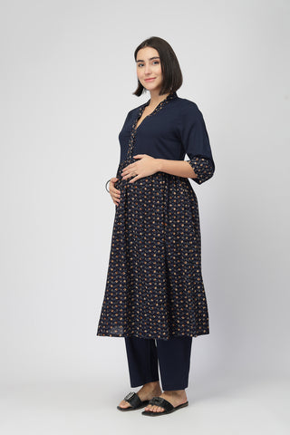 Maternity Zipless Feeding Kurta Set  -Navy Blue