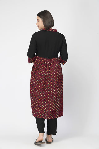 Maternity Zipless Feeding Kurta Set -Black & Maroon